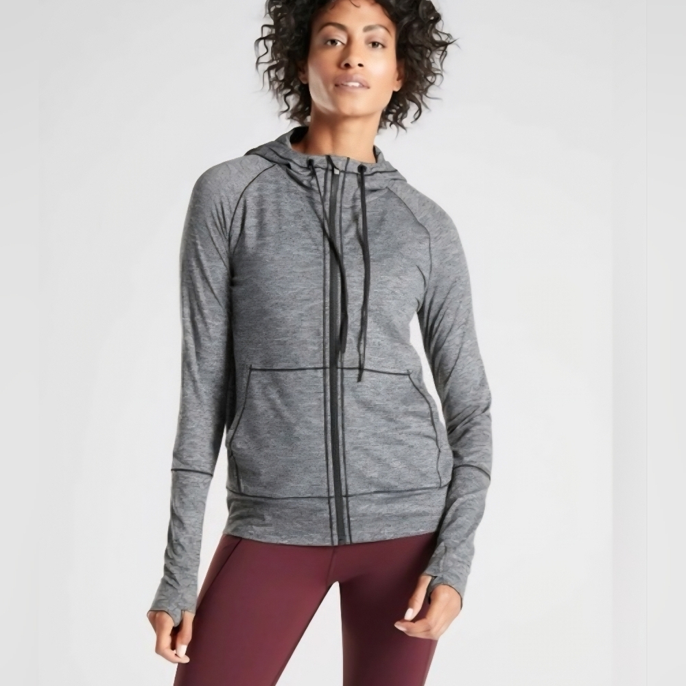 Athleta Uptempo Heather Gray Hooded Sweater Size Medium With Thumb Holes